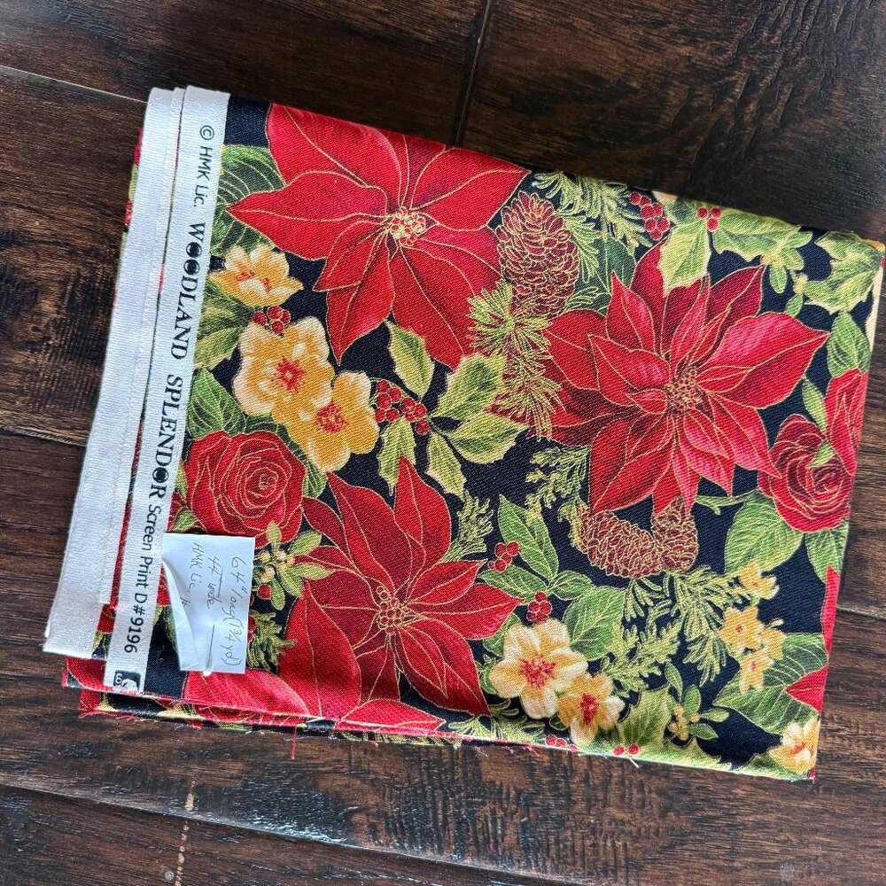 🎄 Woodland Splendor Christmas Fabric – Red Poinsettias, Pinecones & Gold Accent